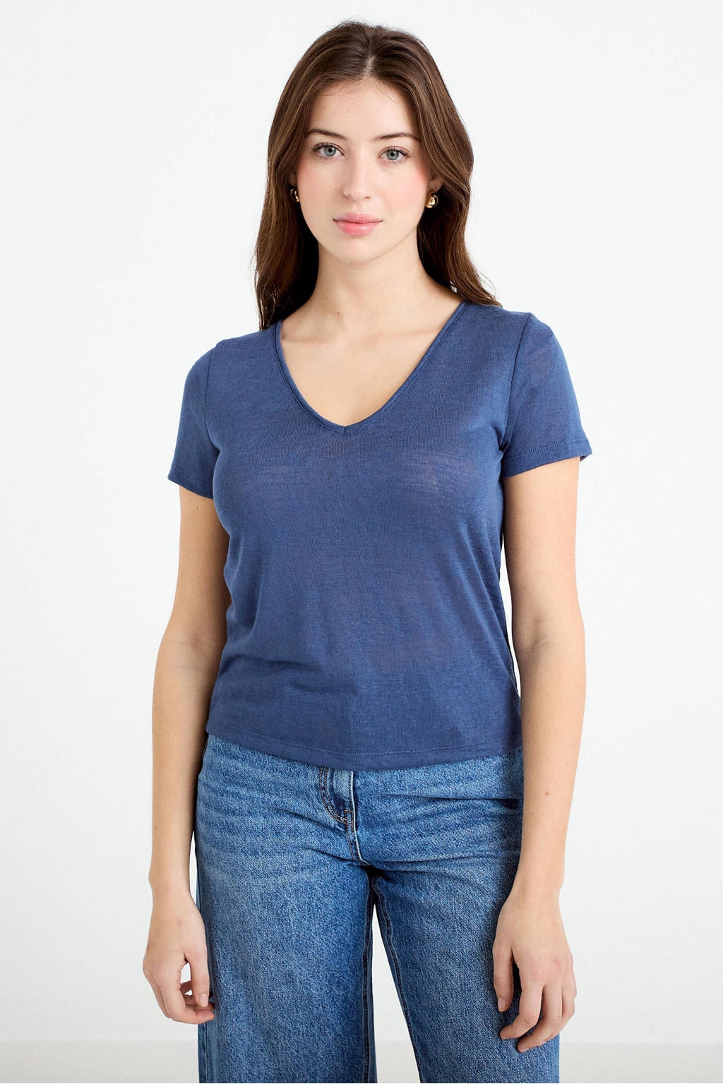 Donkerblauwe dames Cache Cache top van viscose met effen, korte mouwen en V-hals