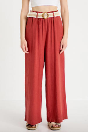wide leg high waist casual broek met linnen roodbruin