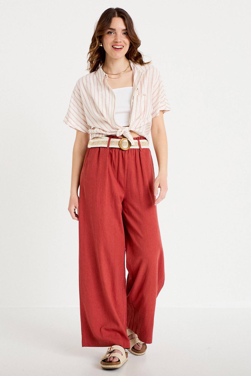 Roodbruine dames Cache Cache wide leg high waist casual broek bruin van linnen met effen