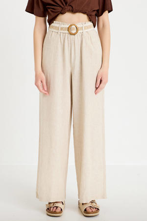 straight regular waist casual broek met linnen beige