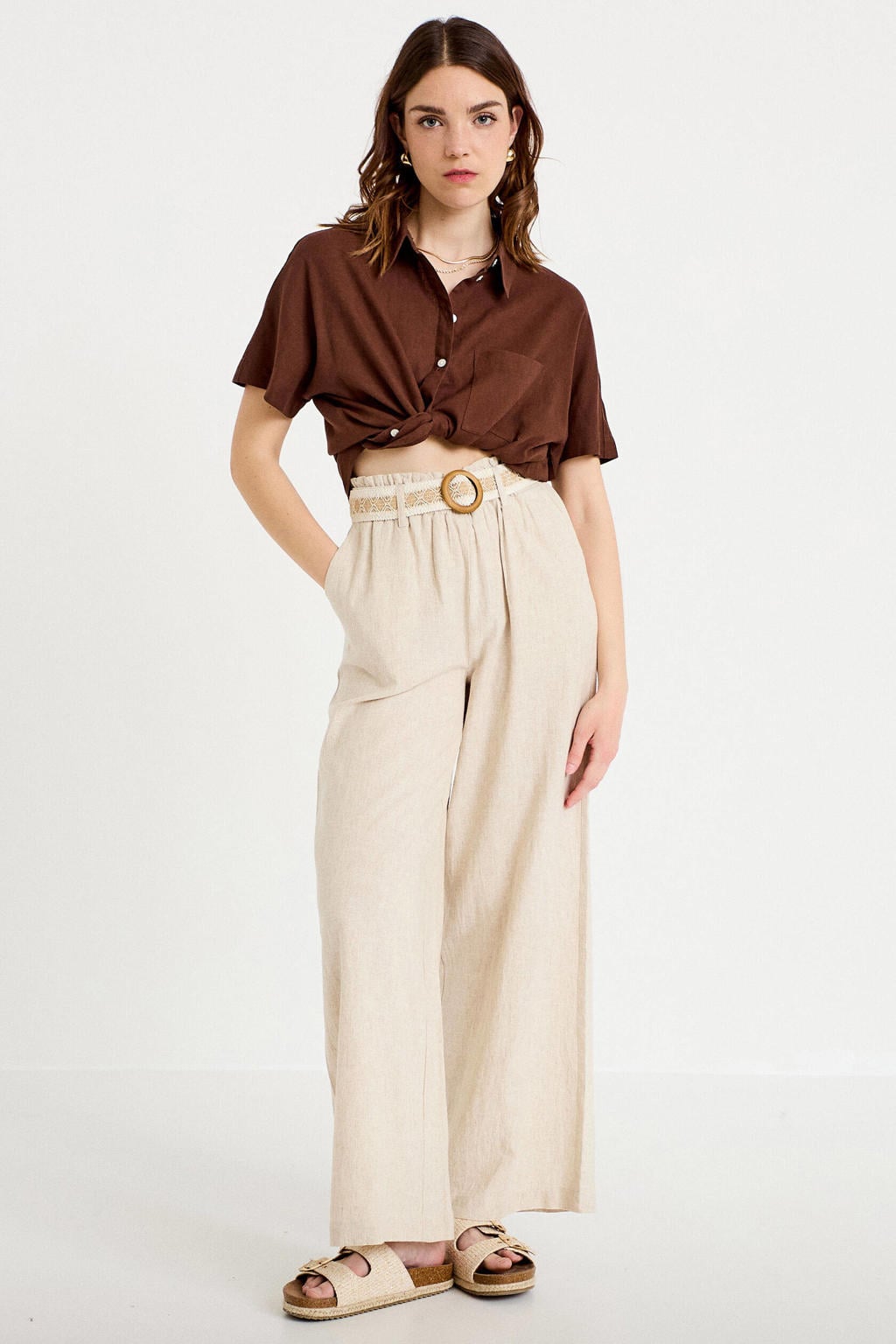 Beige dames Cache Cache straight regular waist casual broek van linnen met elastische tailleband en effen