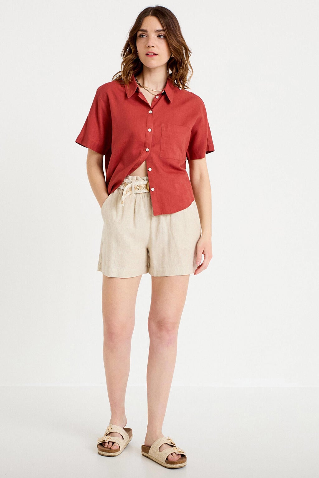 Beige dames Cache Cache regular high waist casual short van linnen met elastische tailleband en effen