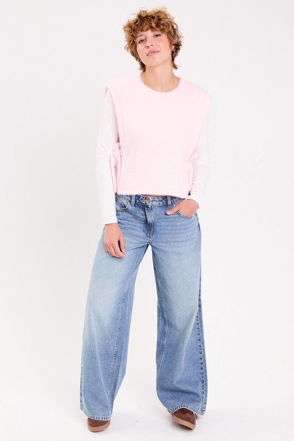 Lichtroze en witte dames Cache Cache Gebreide top 2in1 van polyester met effen, lange mouwen en ronde hals