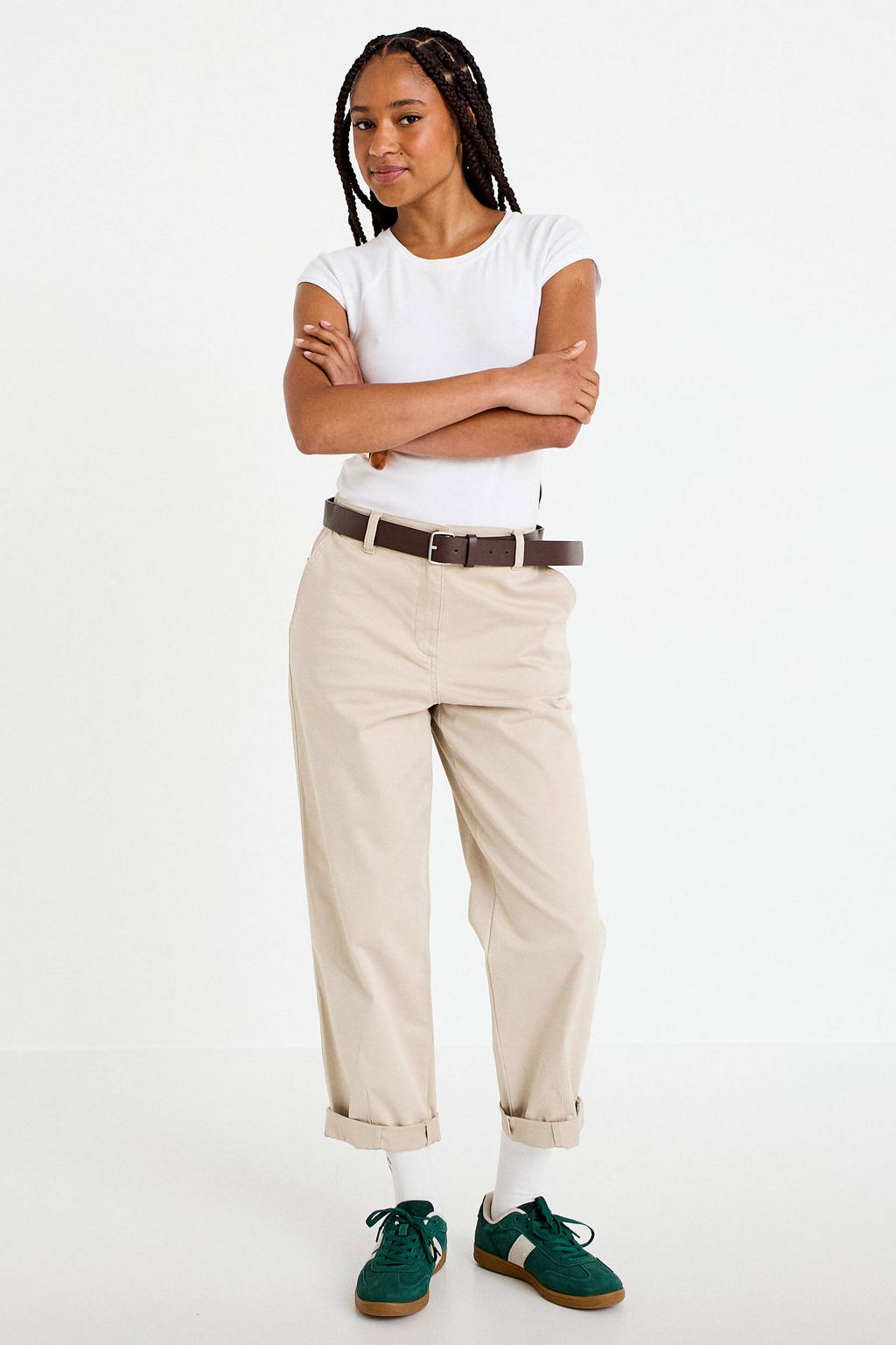 Beige dames Cache Cache straight regular waist cropped broek van katoen met rits- en knoopsluiting en effen