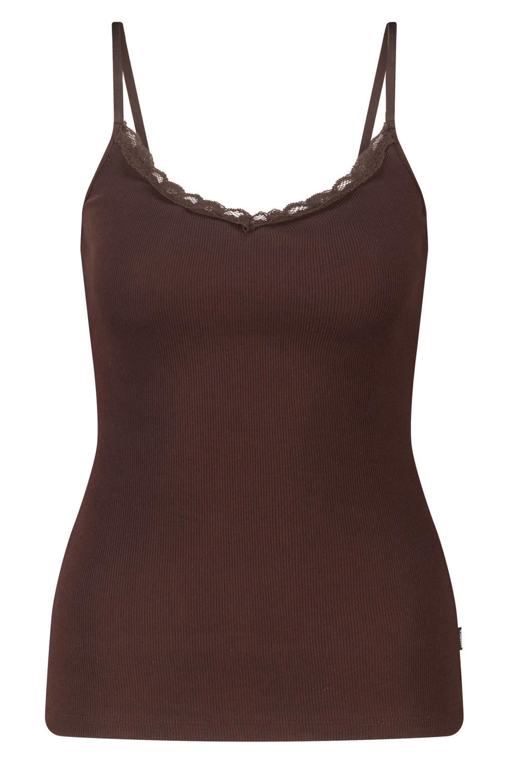 Bruine dames America Today singlet van katoen met effen, V-hals en kant