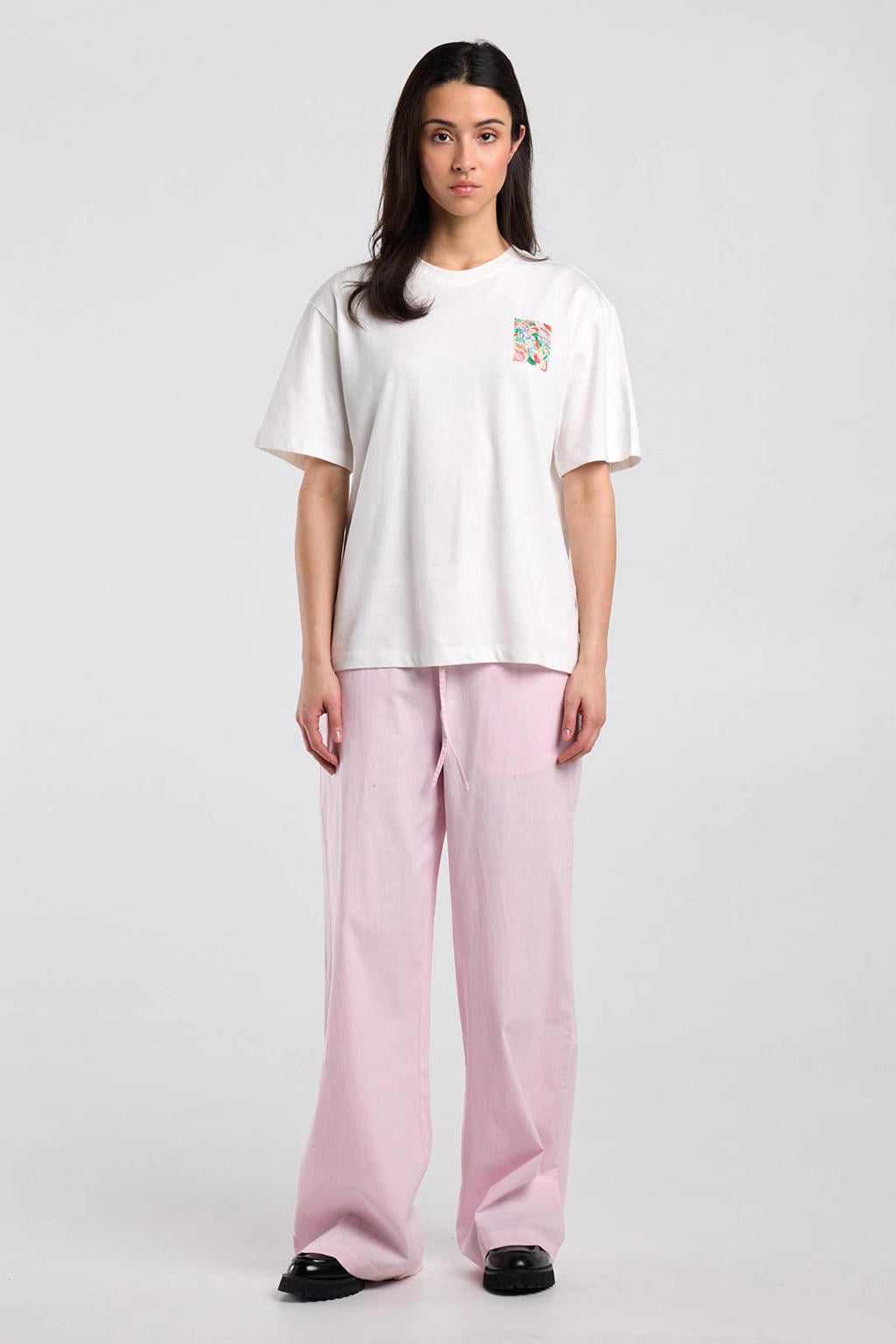 Lichtroze dames America Today wide leg low waist broek van katoen met elastische tailleband met koord en effen