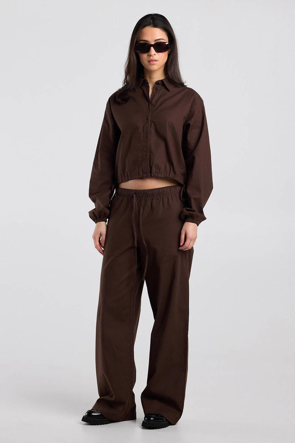 Bruine dames America Today wide leg low waist broek van katoen met elastische tailleband met koord en effen