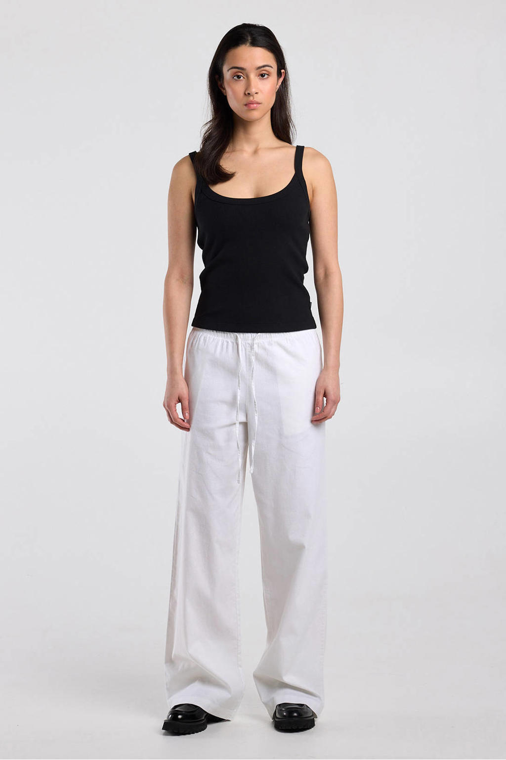 Ecru dames America Today wide leg low waist broek van katoen met elastische tailleband met koord en effen