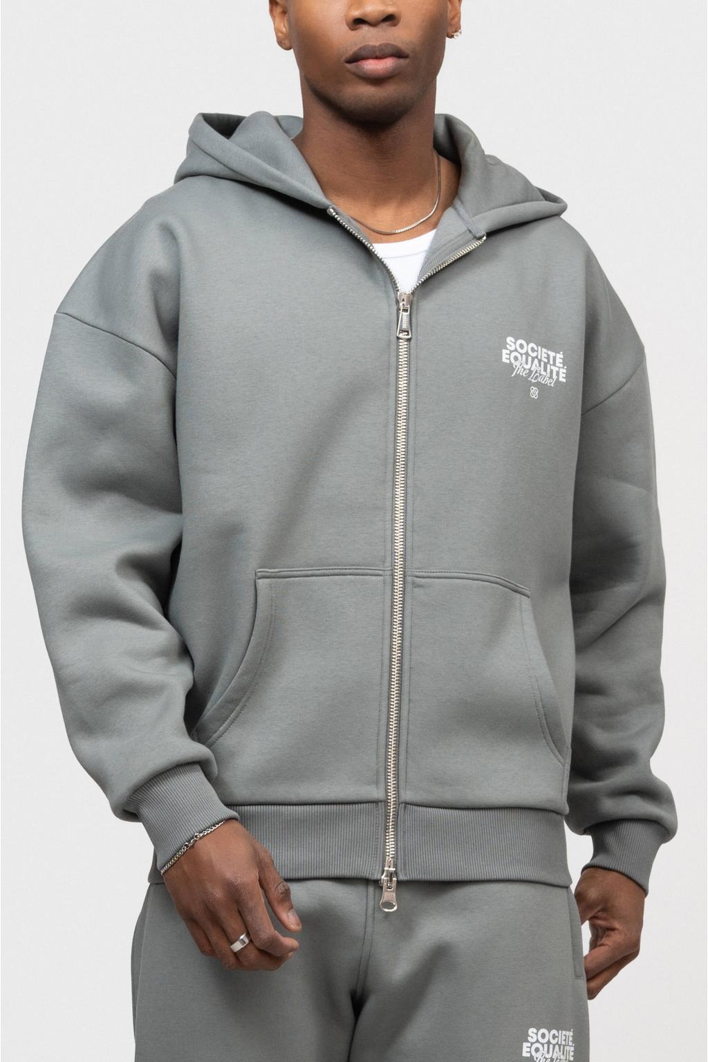 Grijze heren Equalité sweatvest met backprint, lange mouwen, capuchon, ritssluiting en geribde boorden