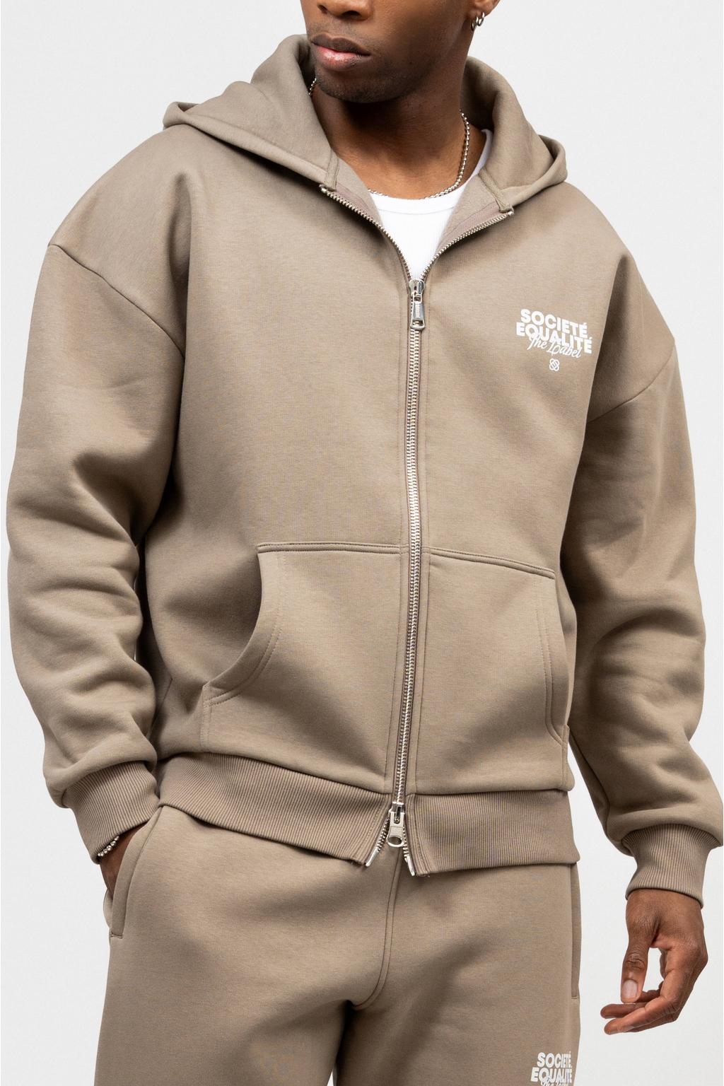 Lichtbruine heren Equalité sweatvest met backprint, lange mouwen, capuchon, ritssluiting en geribde boorden