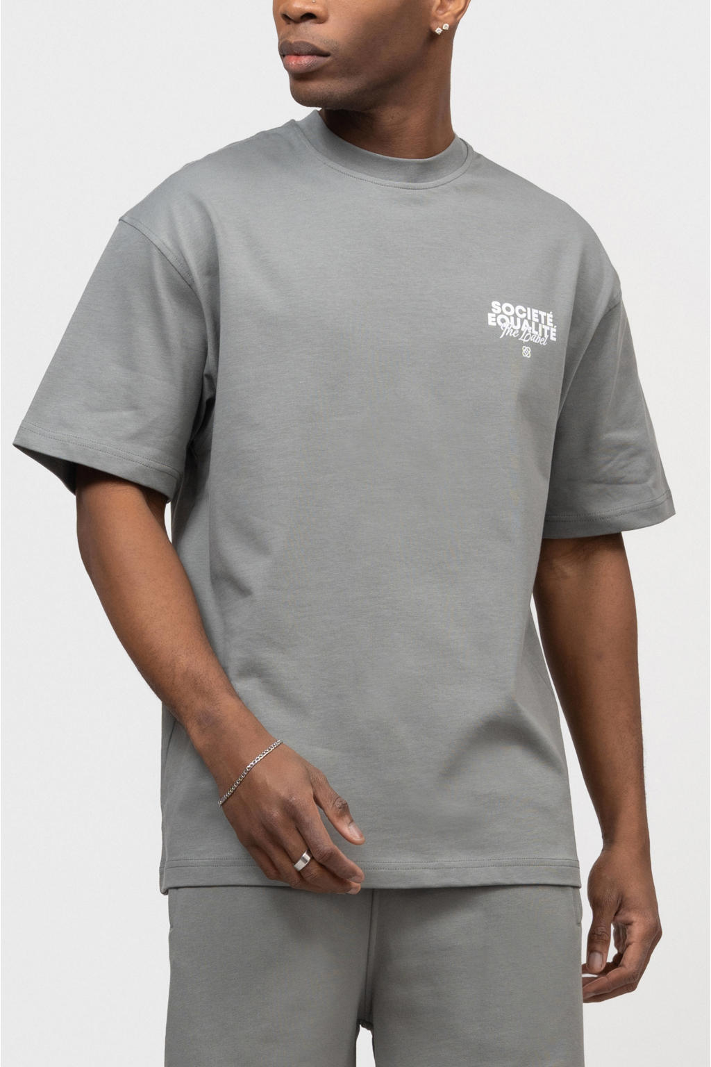 Grijs melange heren Equalité oversized T-shirt melange van katoen met backprint, korte mouwen en ronde hals