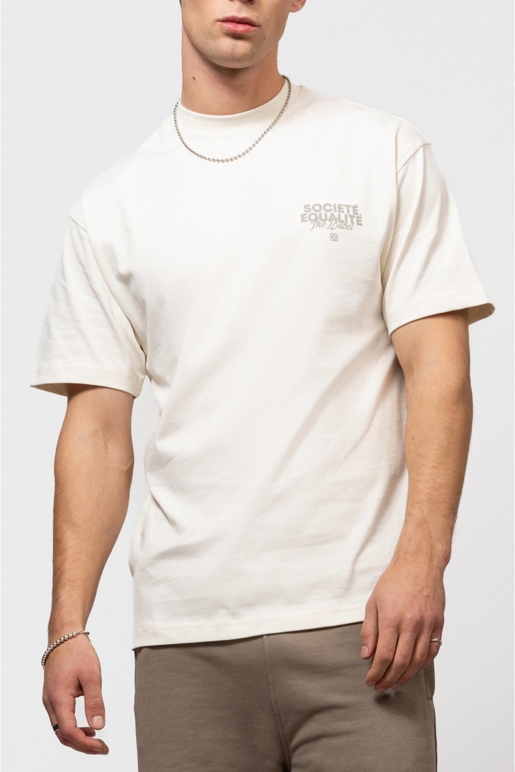 Ecru heren Equalité oversized T-shirt van katoen met backprint, korte mouwen en ronde hals