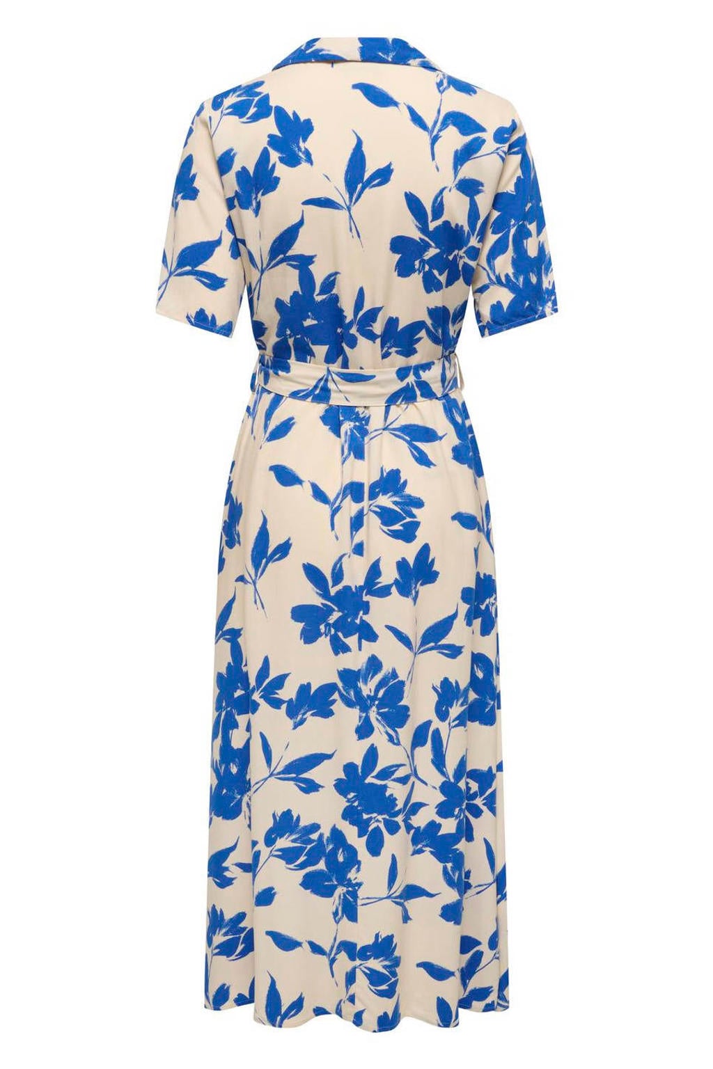 Blauw en zandkleurige dames JDY gebloemde maxi zomerjurk van viscose met korte mouwen en klassieke kraag