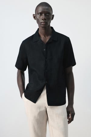 regular casual overhemd met linnen donkerblauw