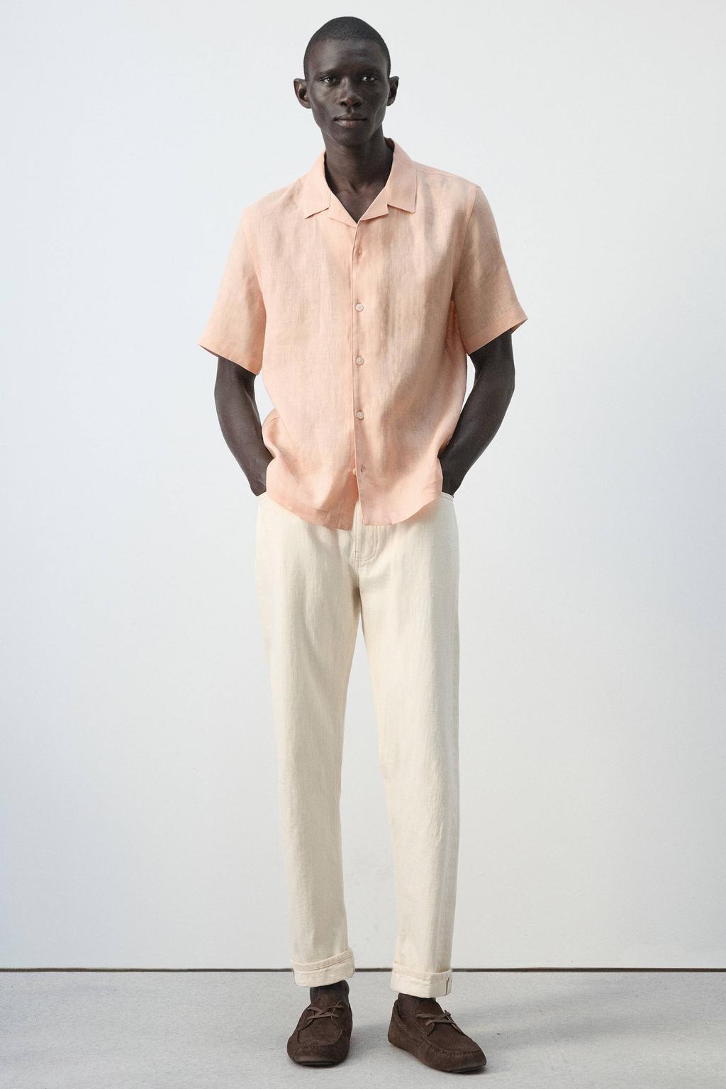Oranje heren Mango Man regular casual overhemd van linnen met effen, korte mouwen, reverskraag en knoopsluiting