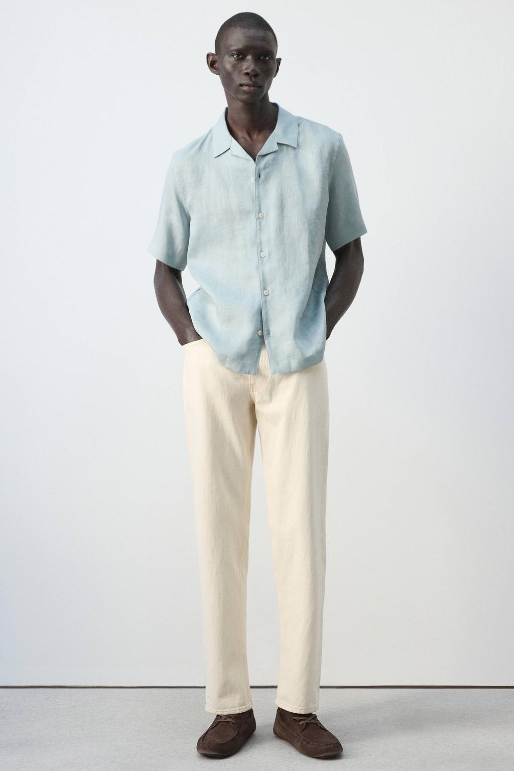 Grijsblauwe heren Mango Man regular casual overhemd blauw van linnen met effen, korte mouwen, reverskraag en knoopsluiting