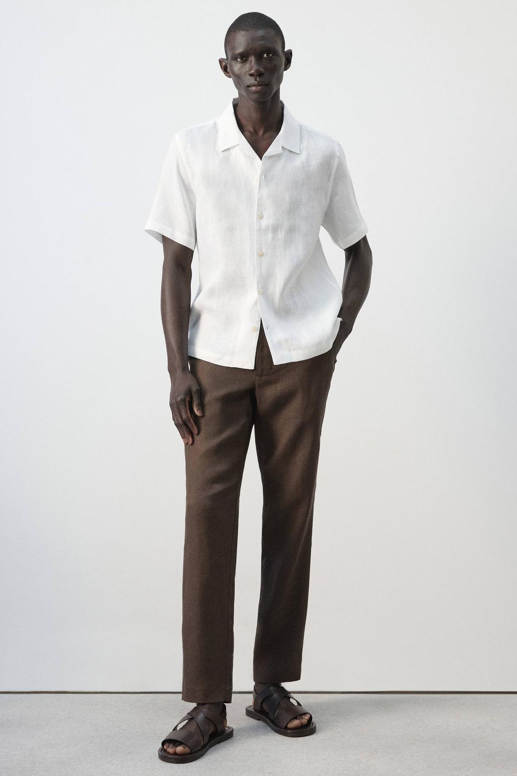 Witte heren Mango Man regular casual overhemd van linnen met effen, korte mouwen, reverskraag en knoopsluiting