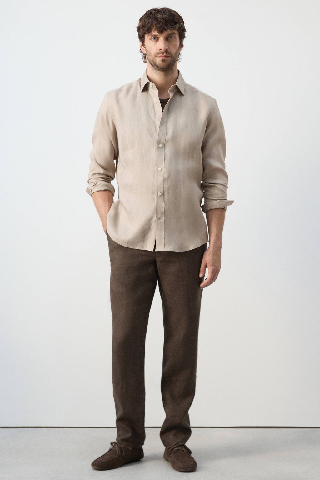 Beige heren Mango Man regular casual overhemd van linnen met effen, lange mouwen, klassieke kraag en knoopsluiting