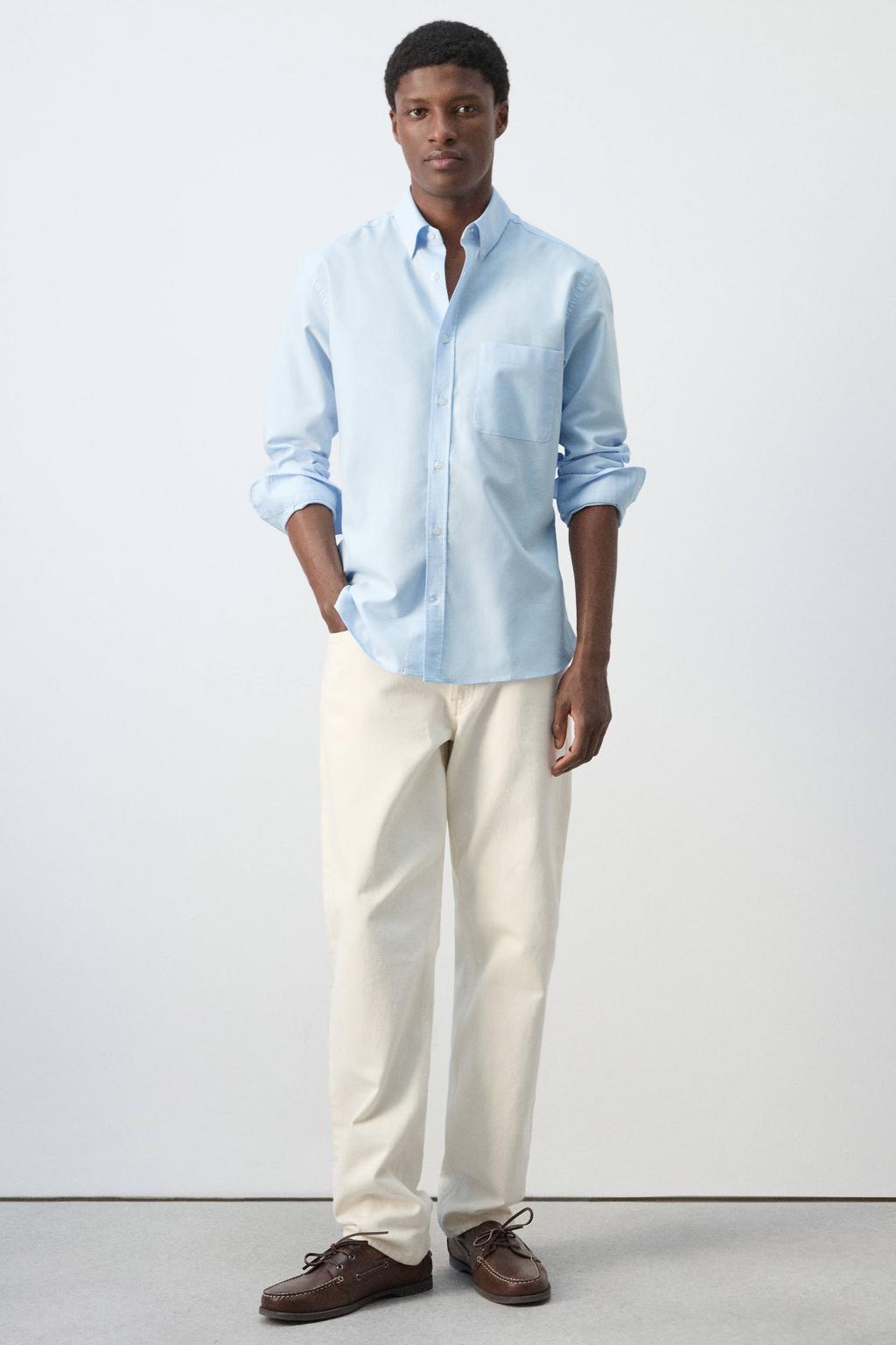 Lichtblauwe heren Mango Man regular casual overhemd van katoen met effen, lange mouwen, button down sluiting en knoopsluiting