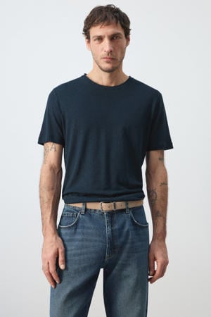 slim T-shirt met linnen donkerblauw