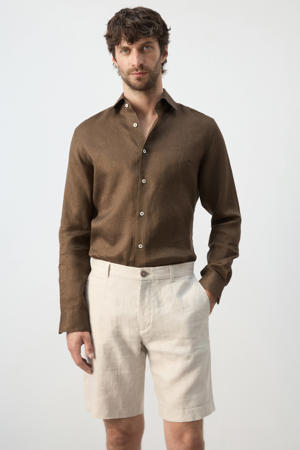 slim casual overhemd met linnen bruin
