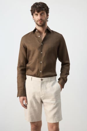 slim casual overhemd met linnen bruin