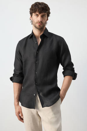 slim casual overhemd met linnen zwart