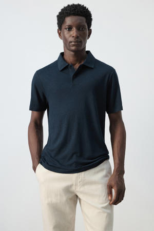 slim polo met linnen donkerblauw