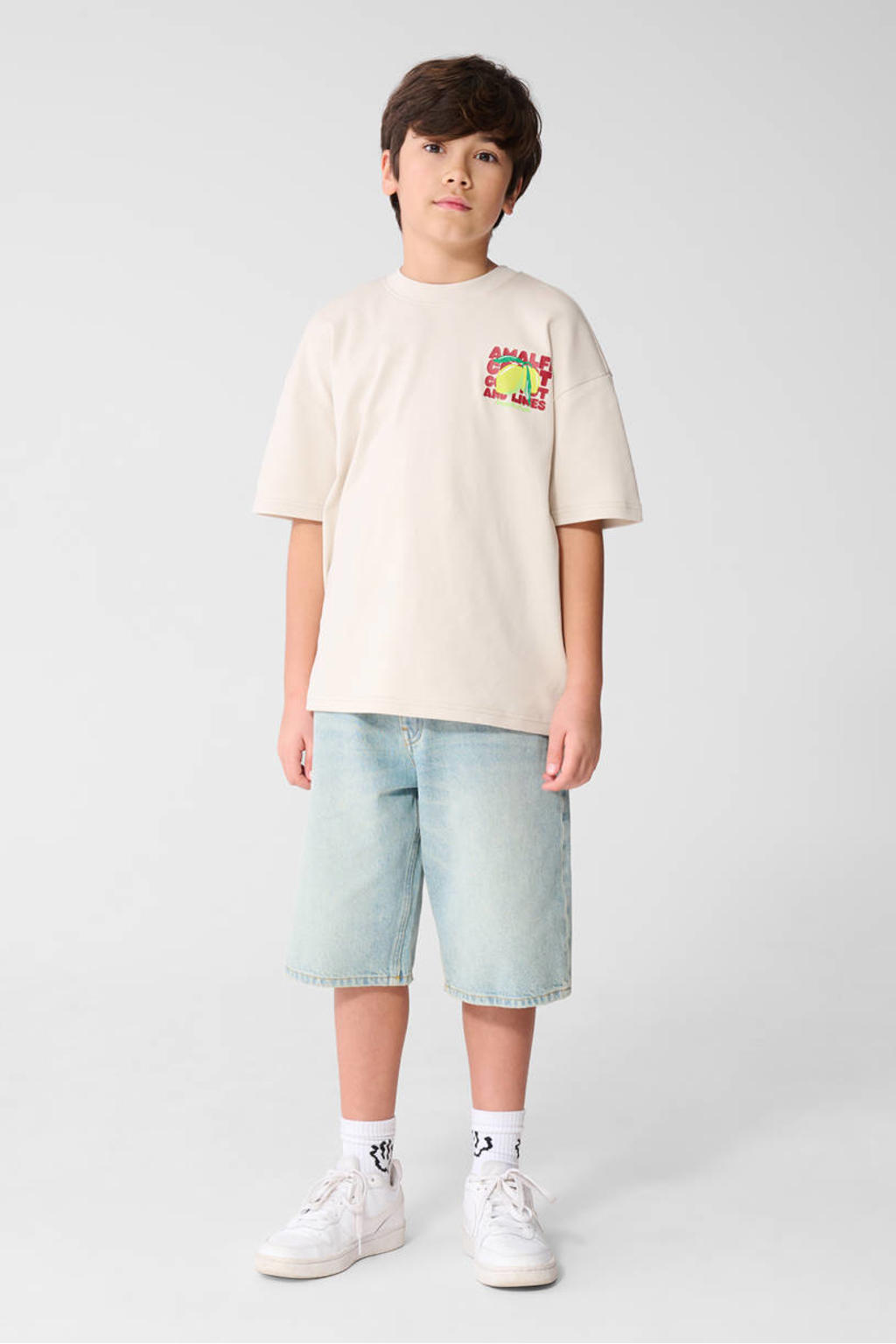 Beige jongens Shoeby T-shirt van katoen met backprint, korte mouwen en ronde hals