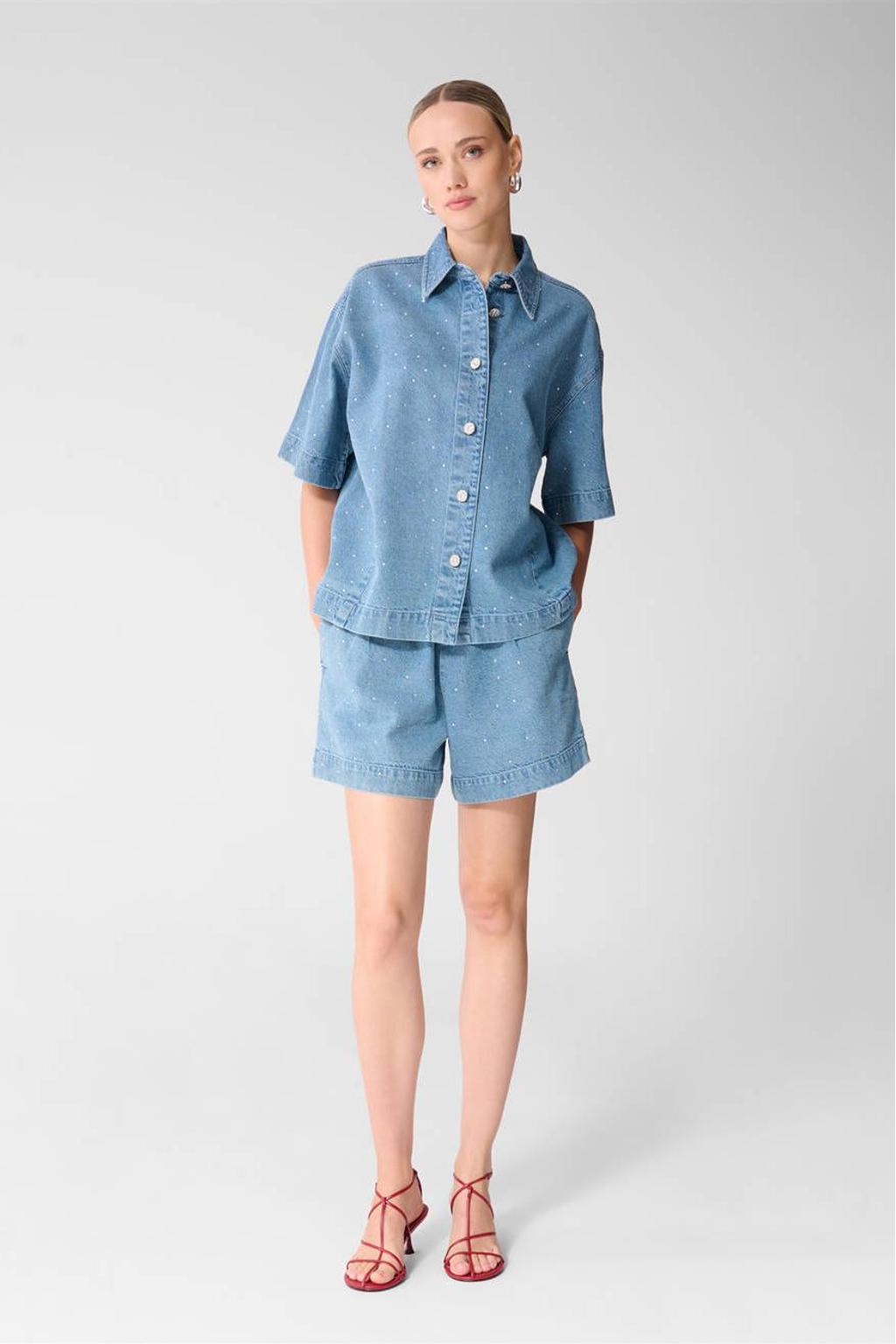 Blauwe dames Shoeby blouse van katoen met effen, korte mouwen, klassieke kraag, knoopsluiting en strass steentjes