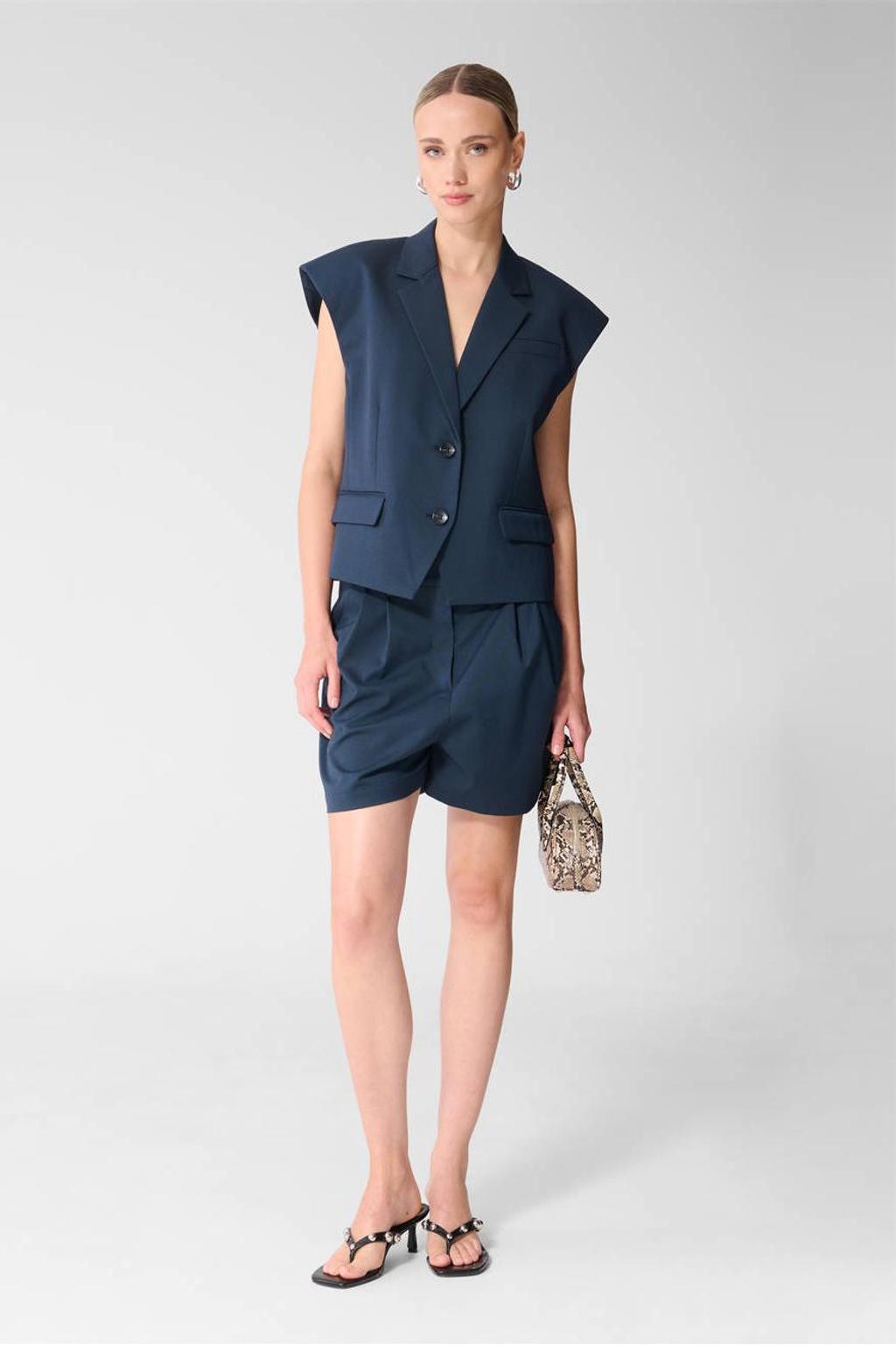 Donkerblauwe dames Shoeby gilet van polyester met effen, reverskraag, knoopsluiting en schoudervulling