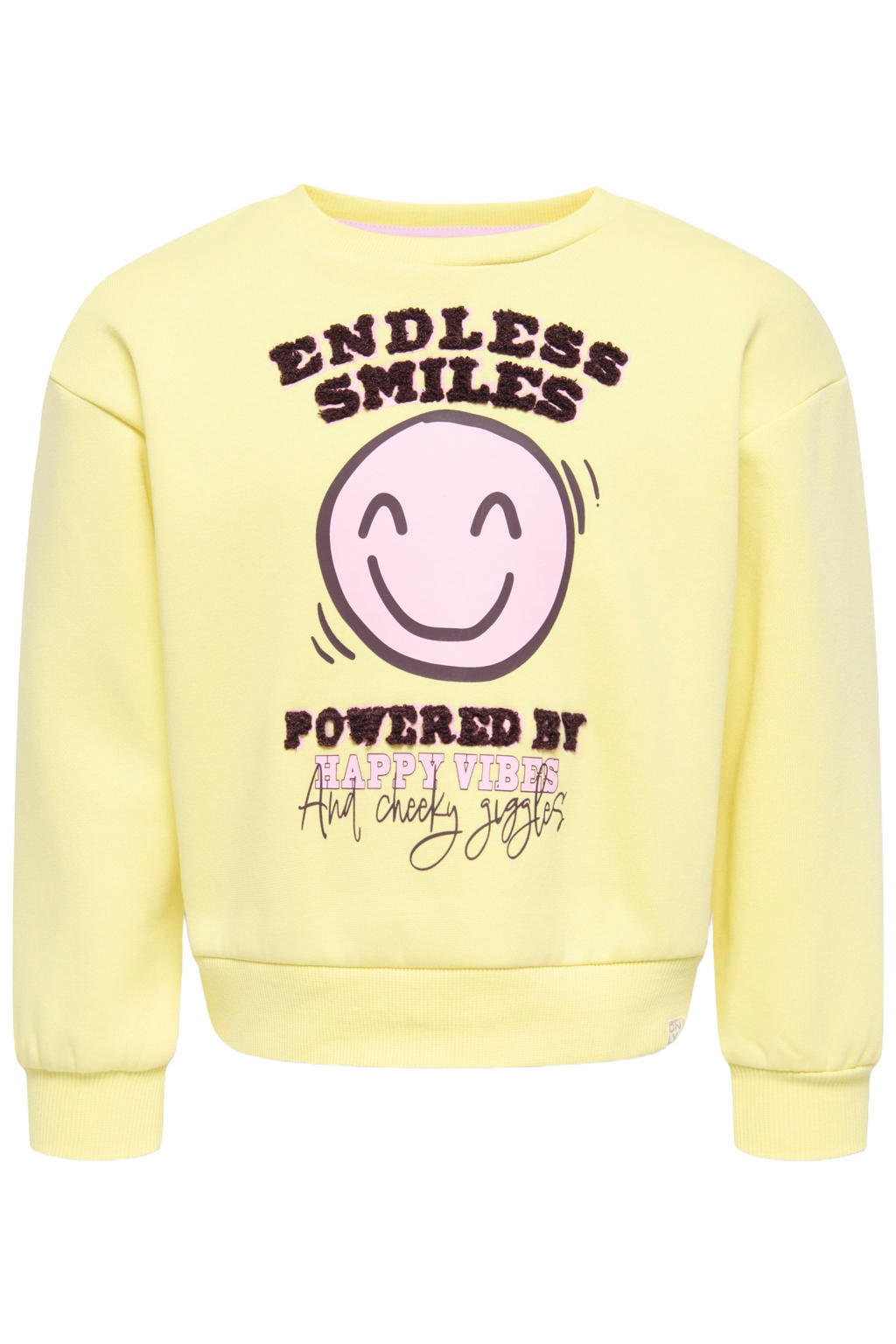 Geel en roze meisjes KIDS ONLY MINI sweater van katoen met printopdruk, lange mouwen en ronde hals