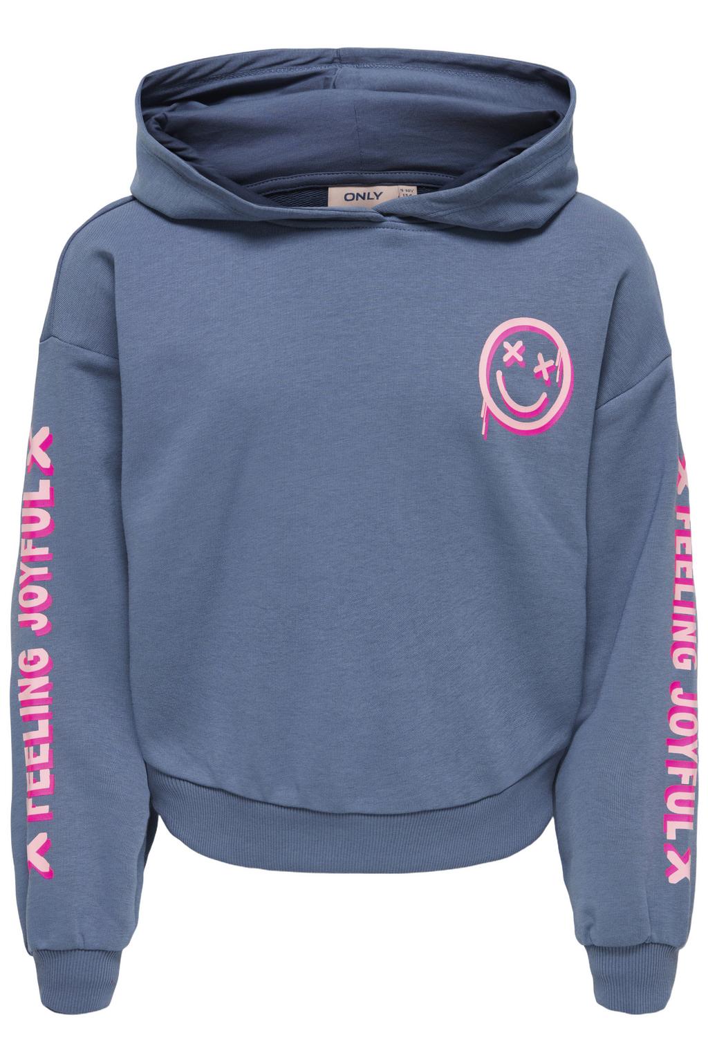 Blauwe meisjes KIDS ONLY GIRL hoodie van sweat materiaal met backprint, lange mouwen en capuchon