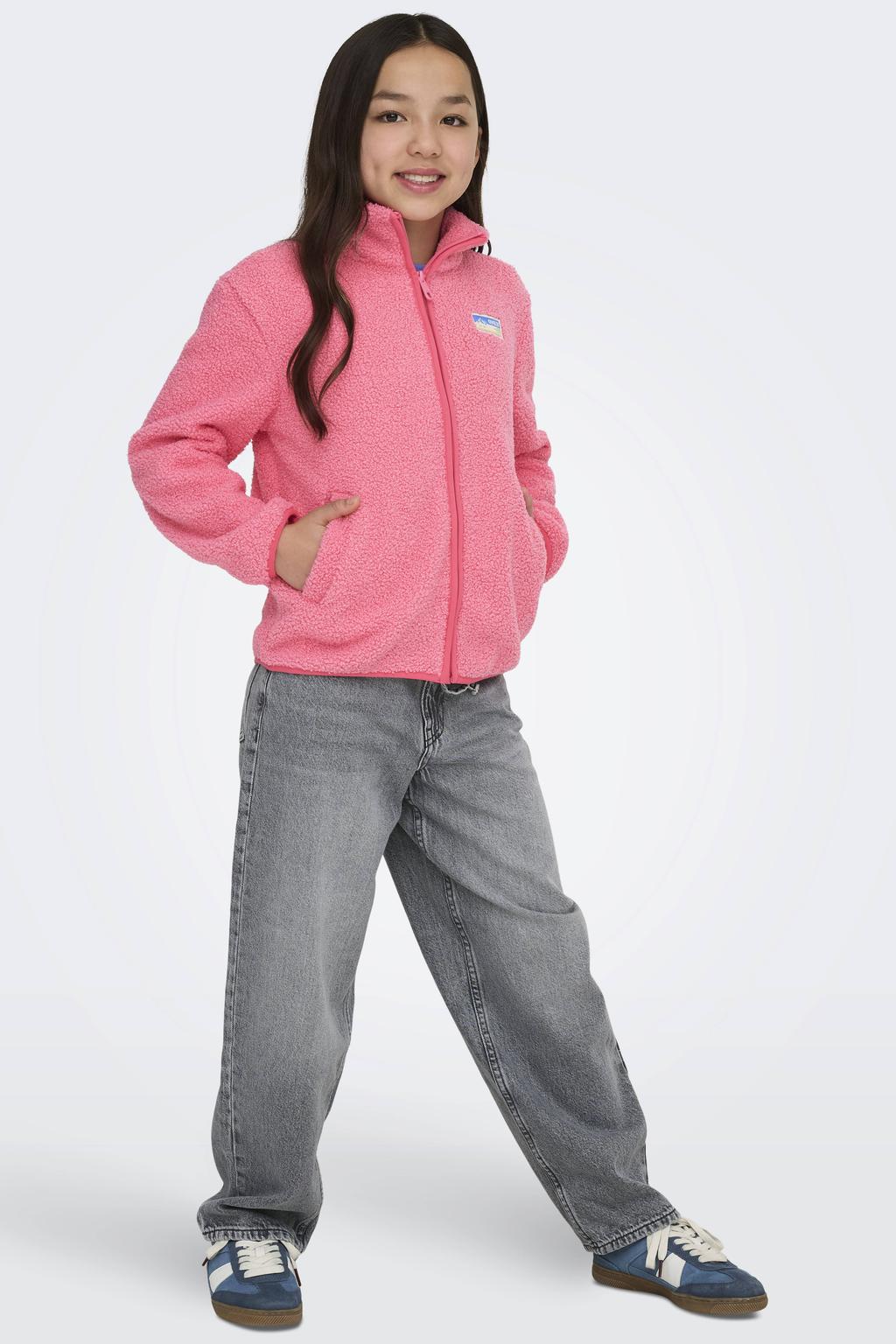 Roze meisjes KIDS ONLY GIRL teddy jas met effen, lange mouwen, opstaande kraag en ritssluiting