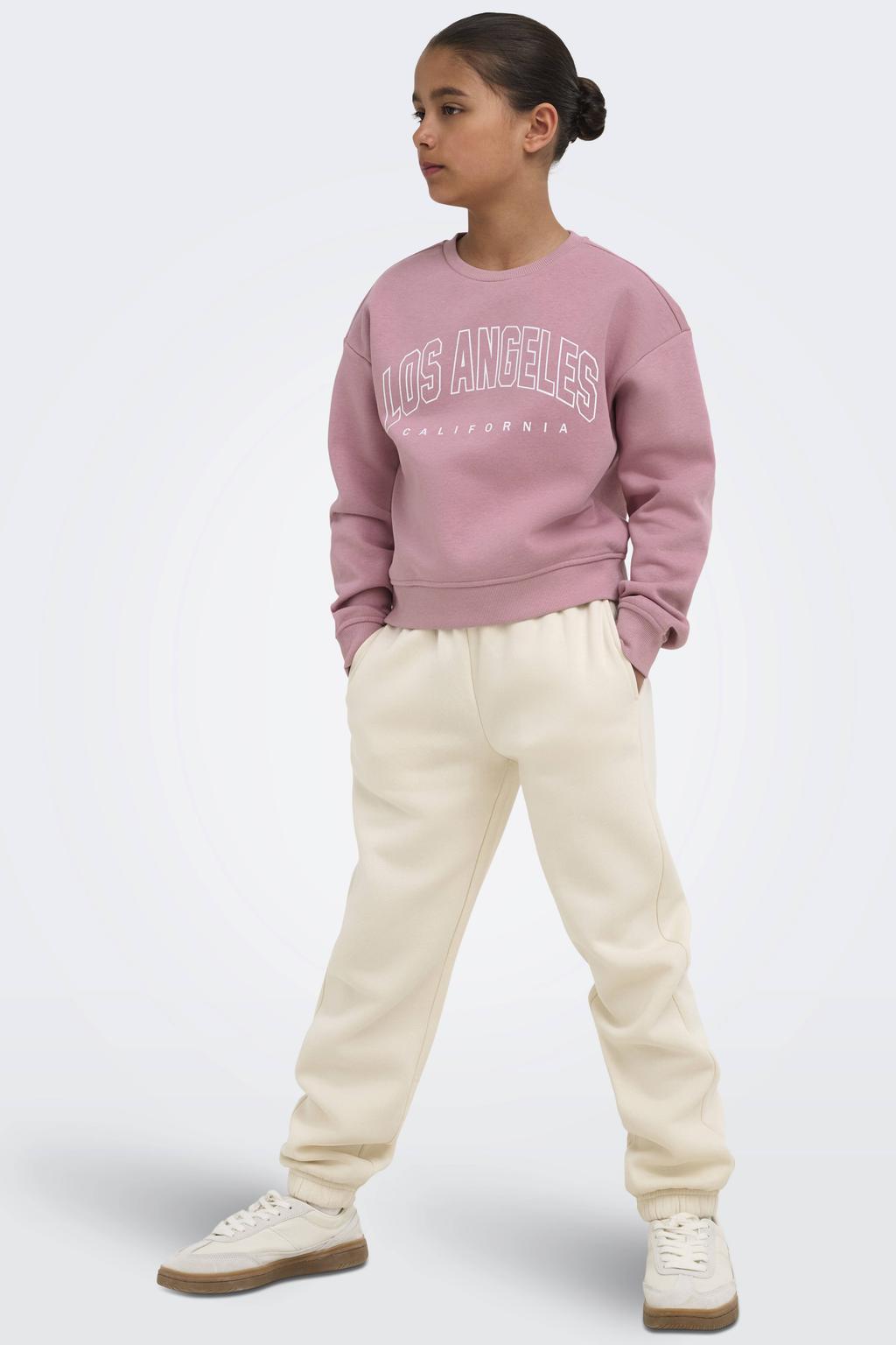 Roze meisjes KIDS ONLY GIRL sweater met tekst print, lange mouwen, ronde hals en geribde boorden