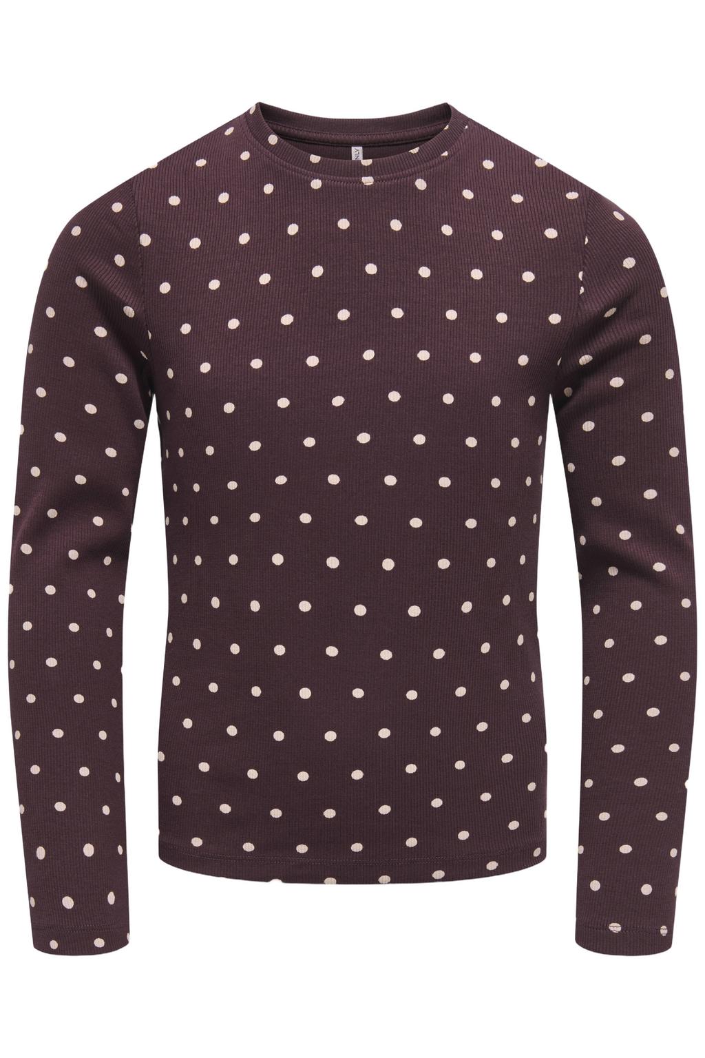 Roodbruin, rood en roze meisjes KIDS ONLY GIRL gebreide top bruin met stippenprint, lange mouwen en ronde hals