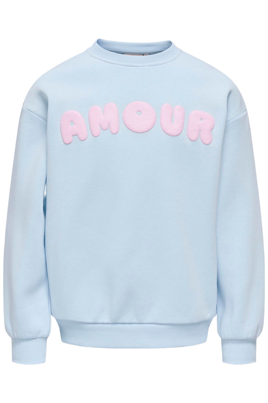 Lichtblauwe meisjes KIDS ONLY GIRL sweater met tekst print, lange mouwen, ronde hals en geribde boorden