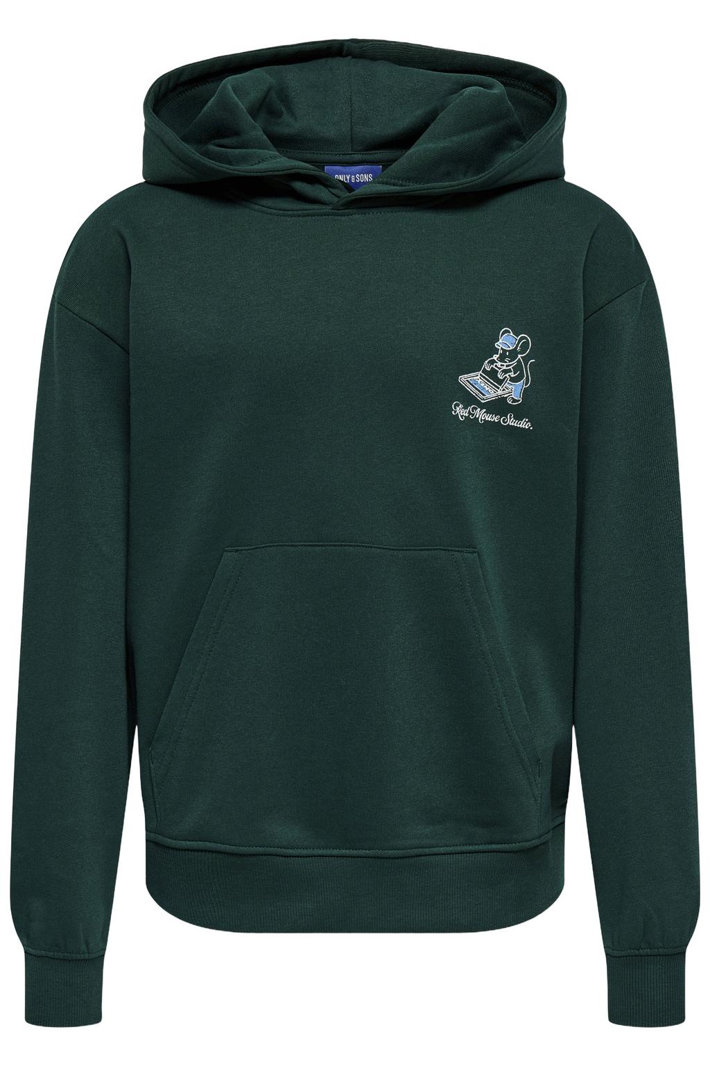 Donkergroene jongens ONLY & SONS JUNIOR hoodie van katoen met backprint, lange mouwen en capuchon