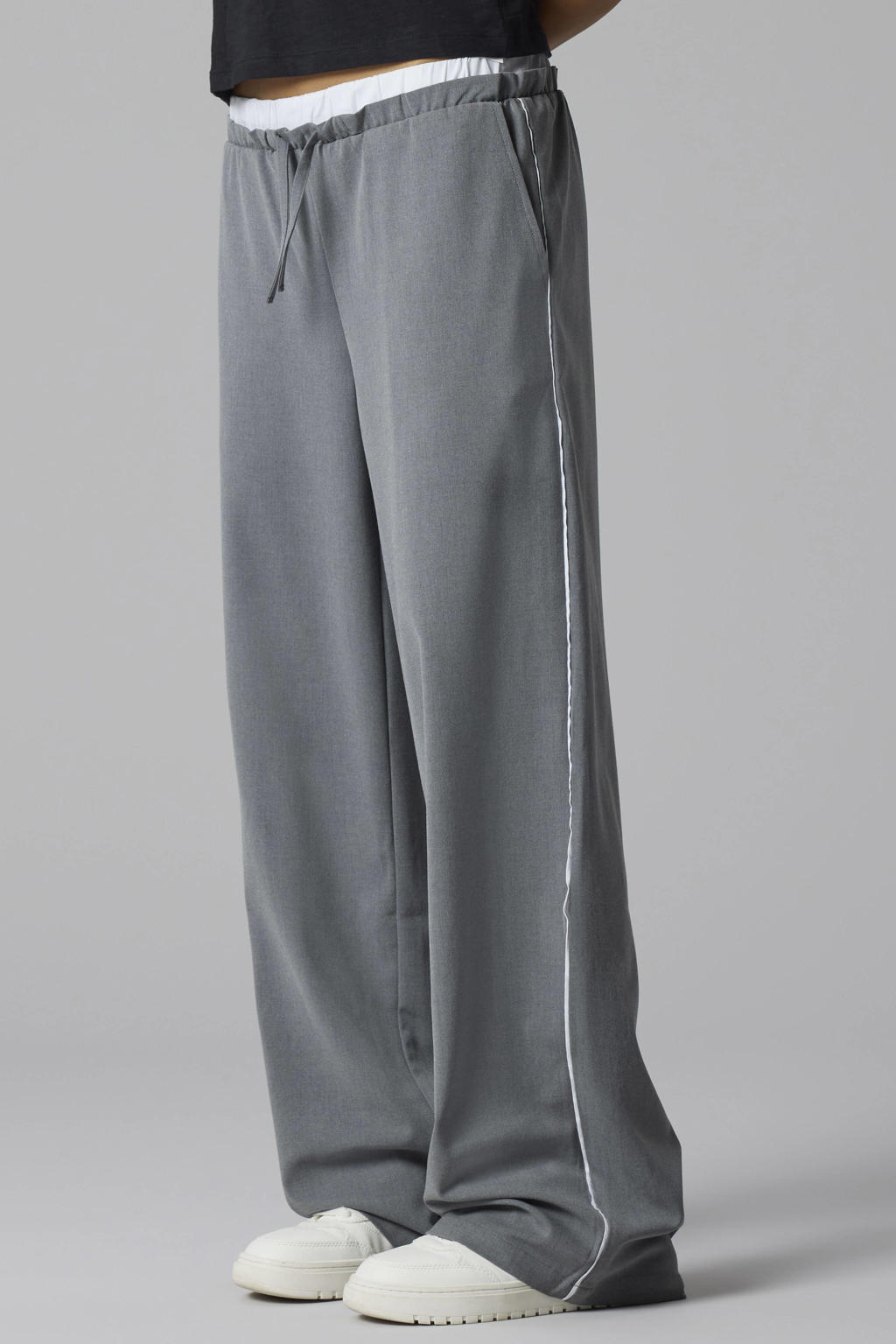 Grijze meisjes LMTD wide leg casual broek met elastische tailleband met koord en effen
