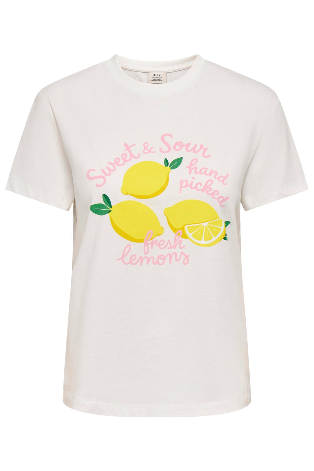Ecru, geel en lichtroze dames JDY T-shirt van katoen met printopdruk, korte mouwen en ronde hals