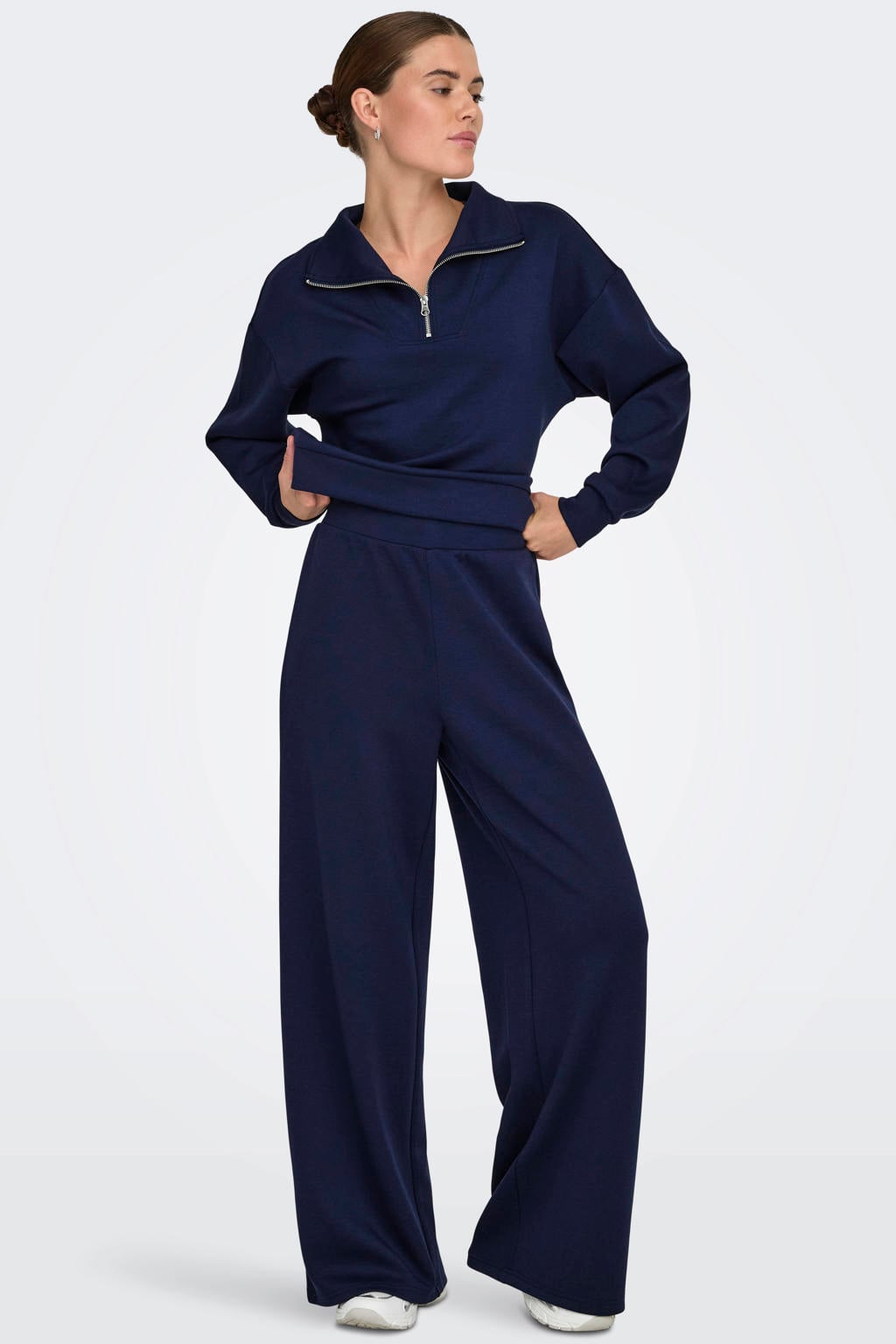 Donkerblauwe dames ONLY PLAY sportbroek Onplounge Life Hw Wide Swt Pnt Noos van polyester met straight fit en regular waist