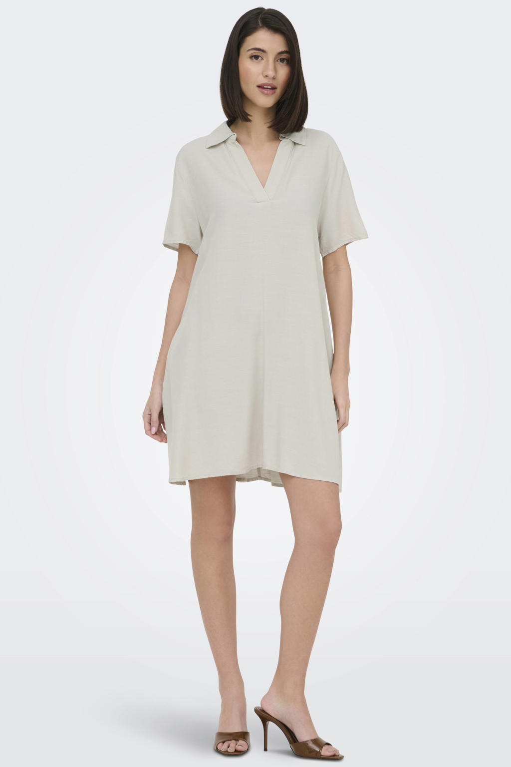 Beige dames JDY linnen midi jurk met effen, korte mouwen, V-hals en geweven detail