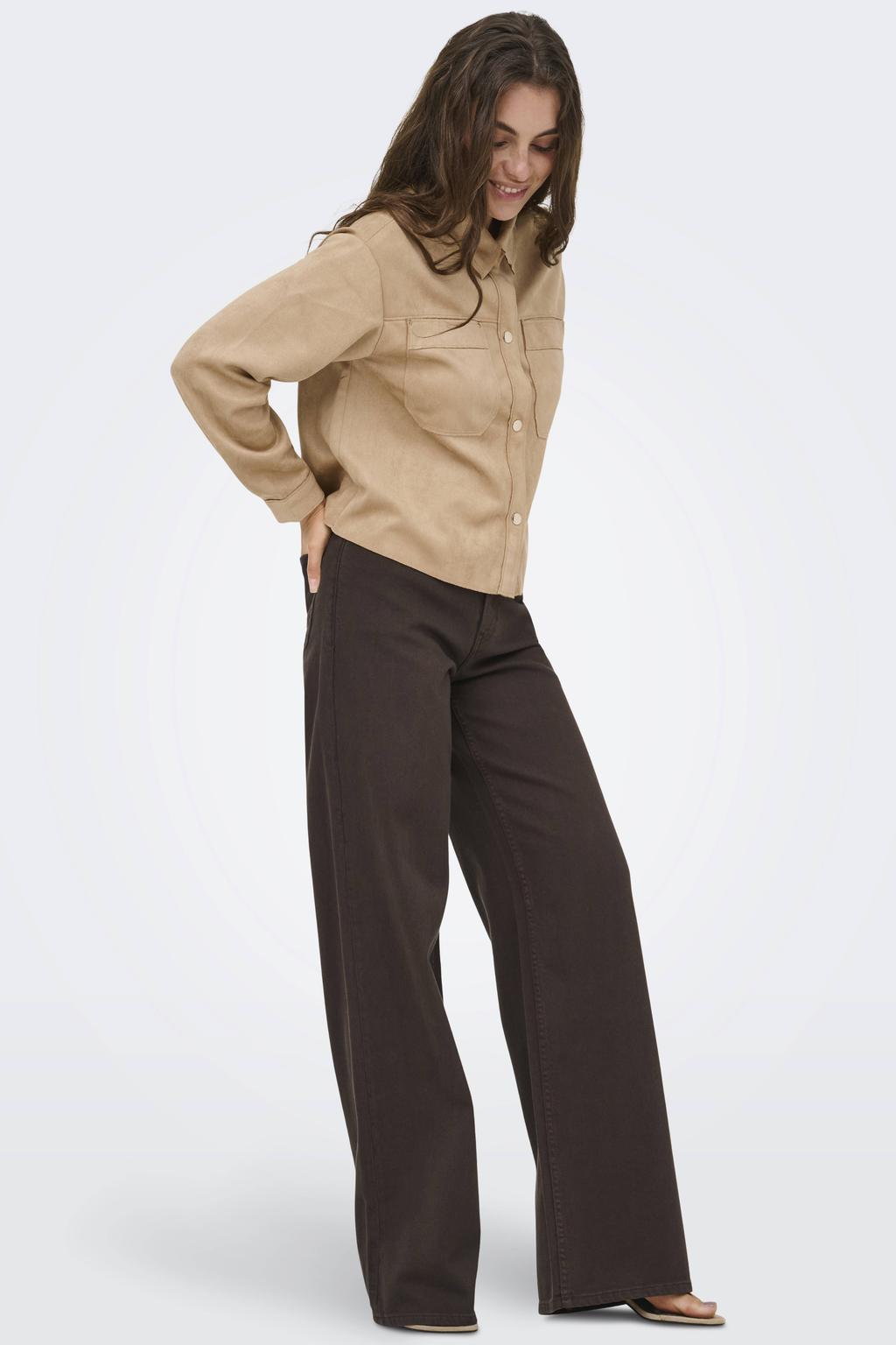 Camelkleurige dames JDY blouse van polyester met effen, lange mouwen, klassieke kraag en drukknoopsluiting