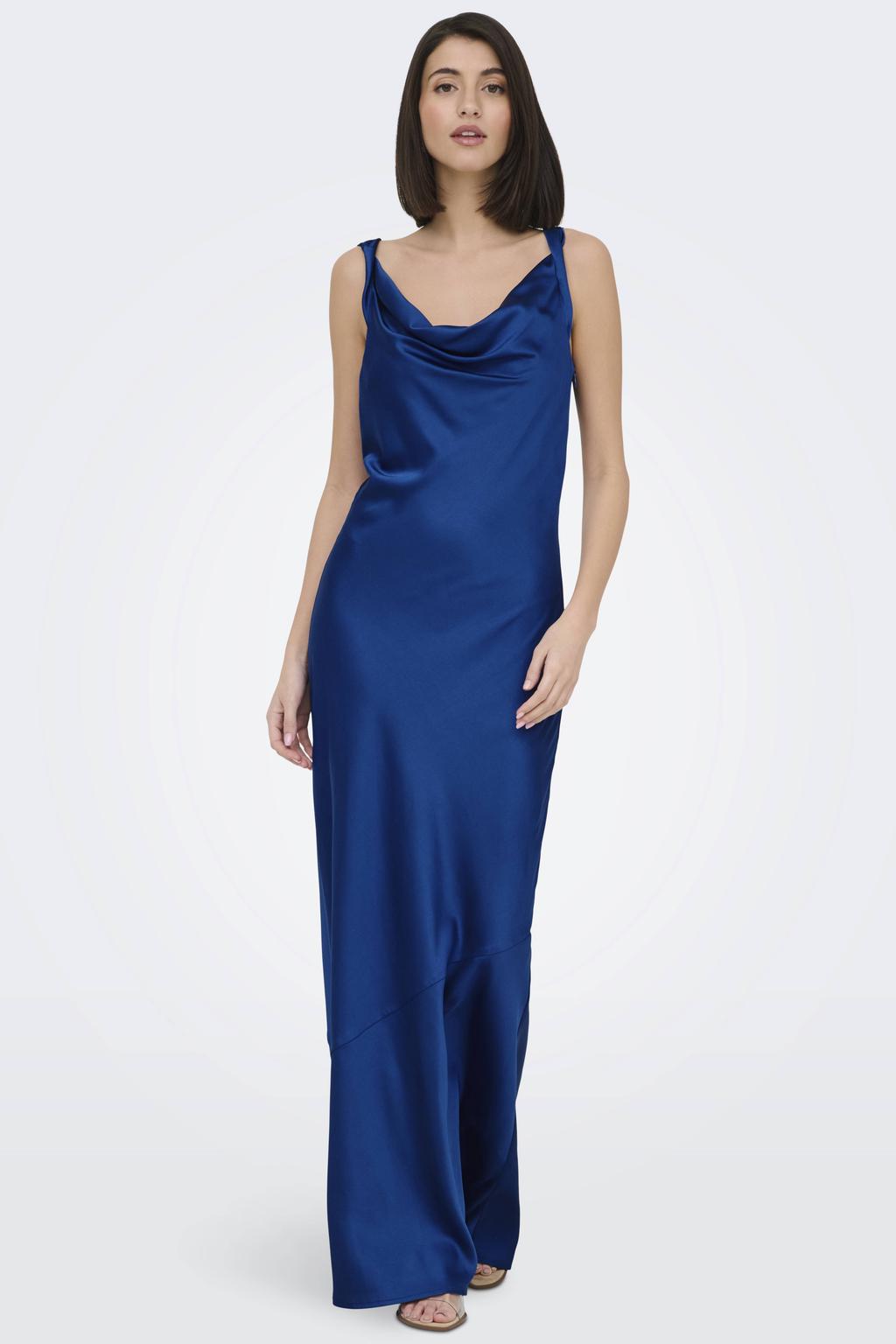 Donkerblauwe dames JDY maxi jurk van polyester met effen, watervalhals en geweven detail