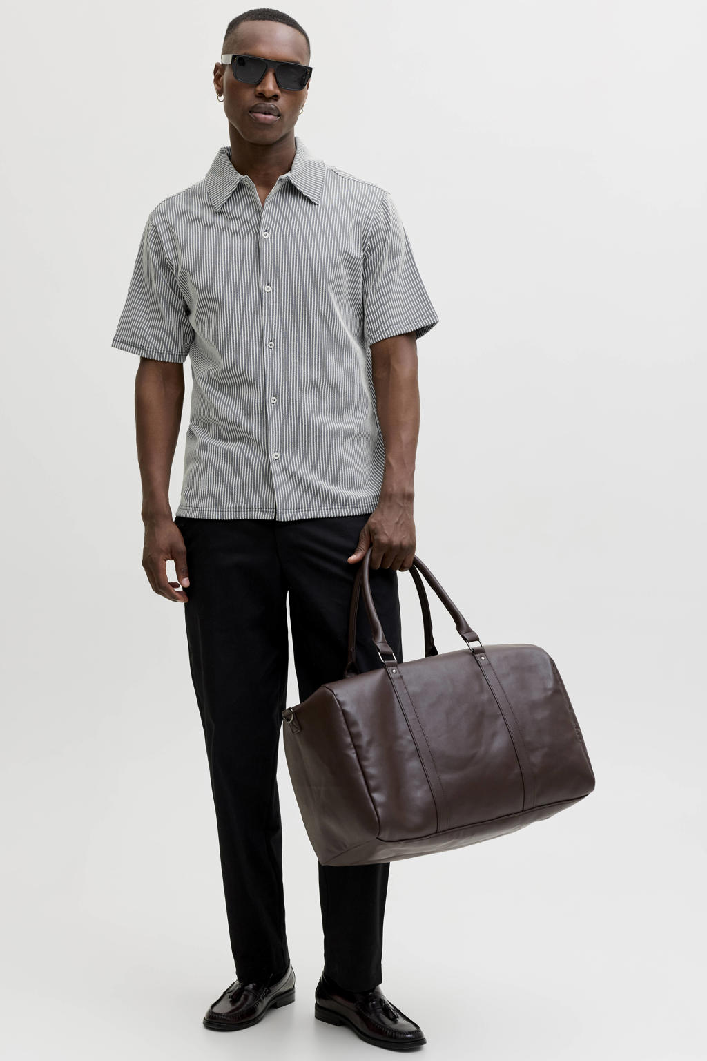 Blauwe heren JACK & JONES PREMIUM regular gestreept casual overhemd patroon met korte mouwen, klassieke kraag en knoopsluiting