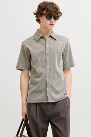 regular gestreept casual overhemd met ingebreid patroon taupe