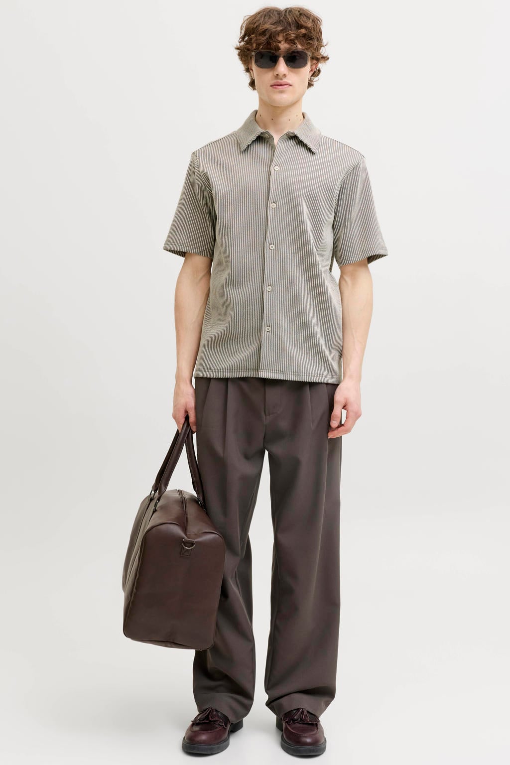 Taupe heren JACK & JONES PREMIUM regular gestreept casual overhemd patroon met korte mouwen, klassieke kraag en knoopsluiting