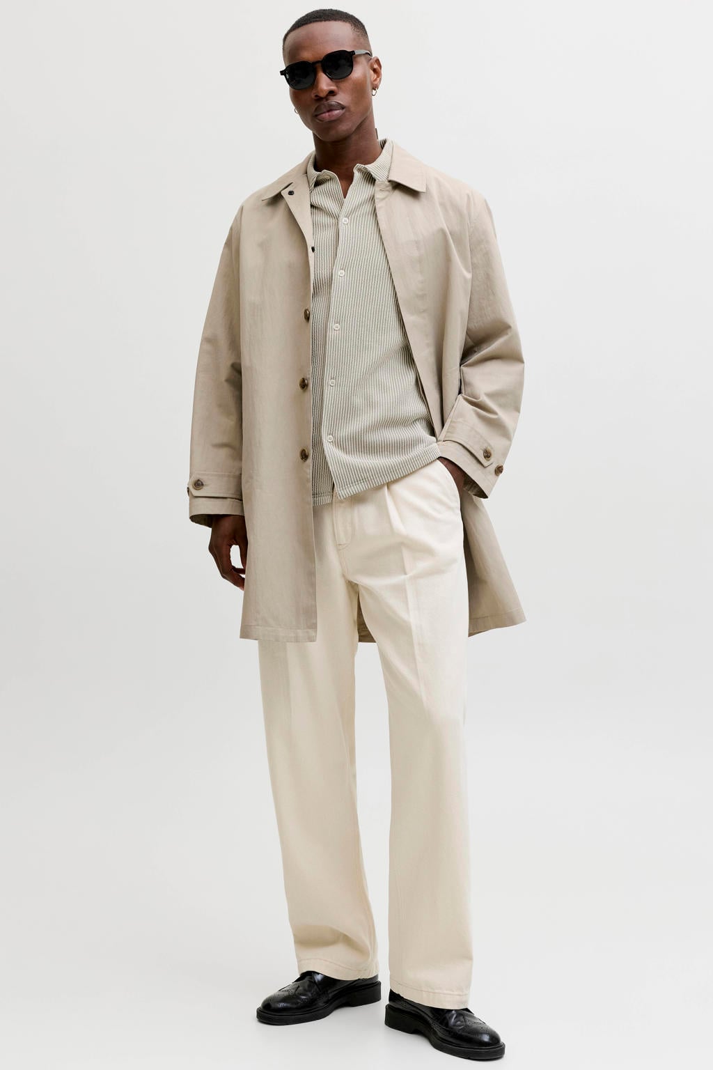 Groene heren JACK & JONES PREMIUM regular gestreept casual overhemd patroon met korte mouwen, klassieke kraag en knoopsluiting