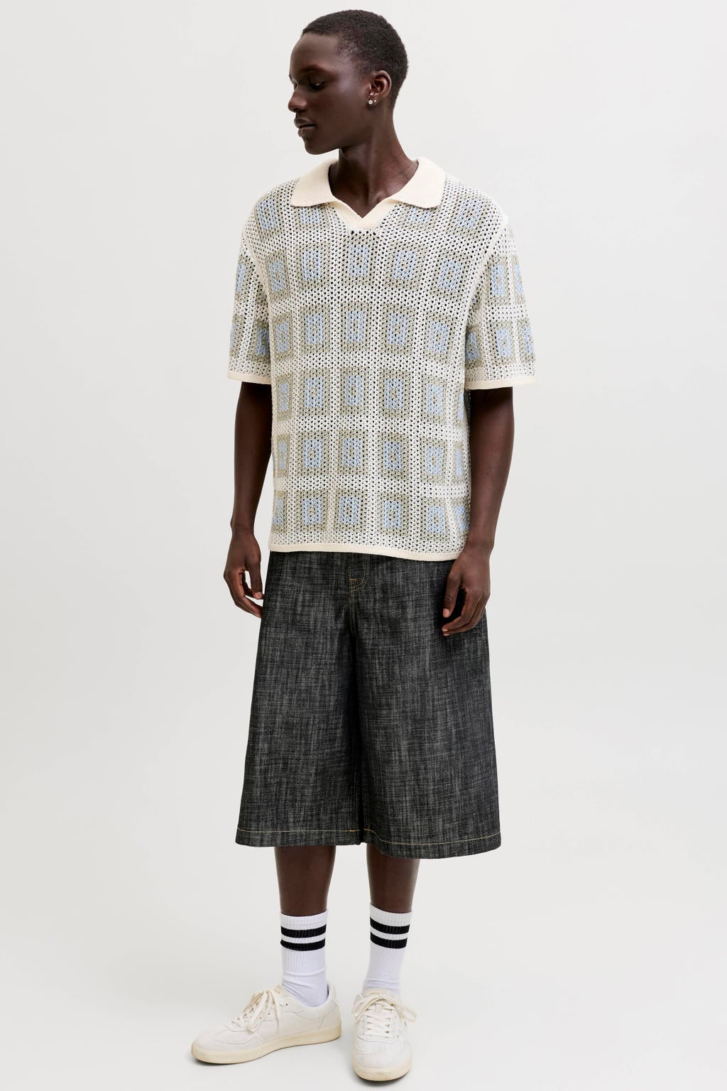 Beige heren JACK & JONES ORIGINALS relaxed polo gebreid van katoen met korte mouwen en openvallende hals