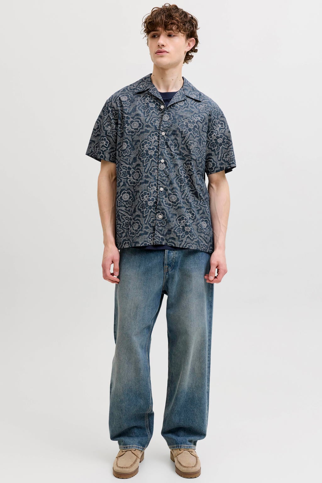 Blauwe heren JACK & JONES PREMIUM regular casual overhemd van katoen met korte mouwen, reverskraag en knoopsluiting